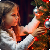 Student decorating a tree during a seasonal school celebration